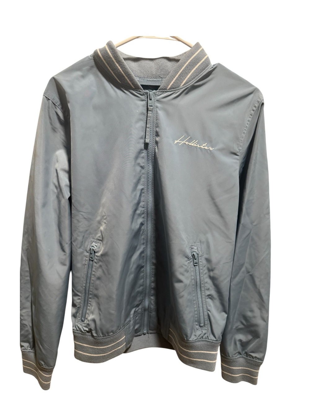 Vintage Hollister Men's light blue  Bomber Jacket with Subtle Stripe Trim